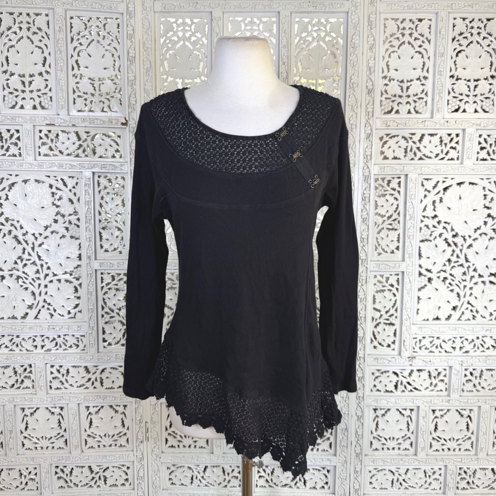 Vtg Y2K Black Asymmetric Crochet Blouse Womens Large Whimsygoth Grunge Twee